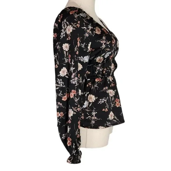 Papermoon Black Floral Empire Waist Long Sleeve Blouse New With Tags Women's S - Picture 2 of 12